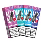 Die Verpackungen von vier verschiedenen ELFBAR MAX Pod Geschmacksrichtungen sind zu sehen.