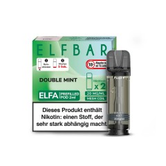 Das ELFBAR ELFA Double Mint Pod vor der passenden grünen Produktverpackung mit Double Mint 20 mg Kennzeichnung auf weißem Hintergrund.