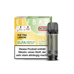 ELFBAR ELFA Ice Tea Lemon Pod neben der passenden Produktverpackung mit sichtbarer Geschmacksrichtung Ice Tea Lemon und 20 mg Nikotinstärke auf weißem Hintergrund