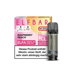 Der ELFA Raspberry Peach Pod von ELFBAR steht vor seiner gelb-rosa Verpackung.