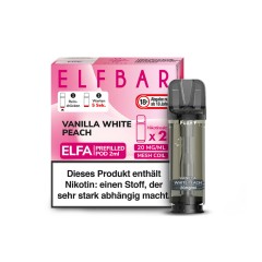 Der ELFA Vanilla White Peach Pod steht links vor der pinken Verpackung, auf der ein Warnhinweis zu Nikotin deutlich zu sehen ist.