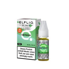 Das ELFLIQ Cactus Ice mit 20 mg/ml Nikotin kommt in einer 10 ml Flasche mit grünem Etikett, die vor einer gleichfarbigen Verpackung steht.