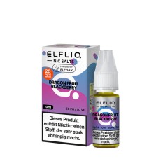 Das ELFLIQ Dragon Fruit Blackberry mit 2 % Nikotin kommt in einer 10 ml Flasche, die vor ihrer lila Verpackung steht.