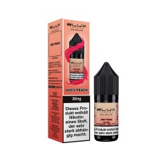 Die 10 ml Flasche des ELUX Juicy Peach mit 20 mg/ml Nikotin steht rechts neben der rosa-orangen Verpackung.