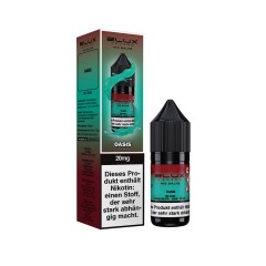 Die 10 ml Flasche des ELUX Oasis mit 2 % Nikotin steht rechts neben der türkisen Verpackung.