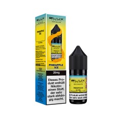 Die 10 ml Flasche des ELUX Pineapple Ice mit 2 % Nikotin steht rechts neben der gelben Verpackung.