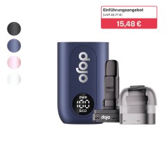 Das Dojo Blast X Starter-Kit mit gratis Akku, Leerpod und Nachf&uuml;llbeh&auml;lter steht neben den vier Farboptionen in schwarz, blau, rosa und wei&szlig;. Neben den Ger&auml;ten steht der Preis, 15,48 &euro;, als Einf&uuml;hrungsangebot, und der UVP mit 22,77 &euro;.