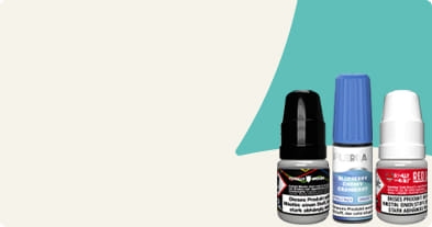 Auf der linken Seite sind vier E-Liquid Sortimenten aufgelistet. Rechts stehen zwei Red Label E-Liquid Flaschen.