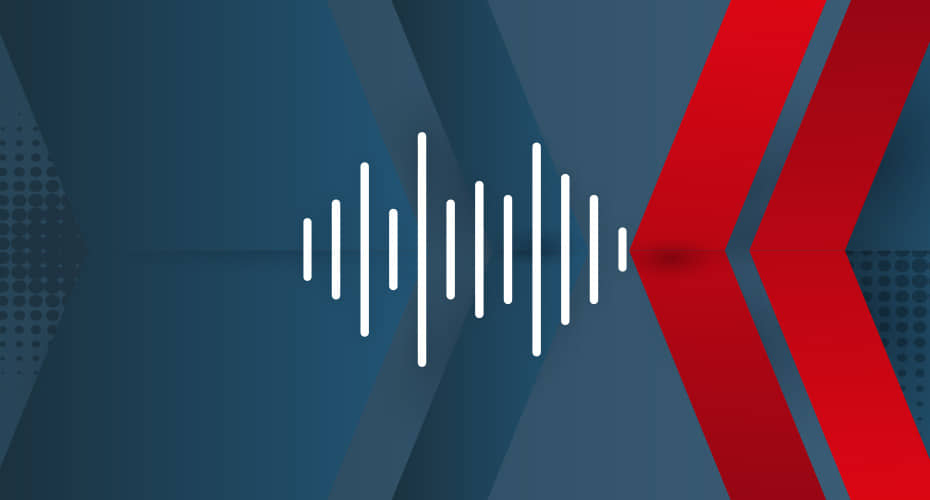 Warum macht meine E-Zigarette Geräusche Titelbild mit grauem Hintergrund auf dem Weiße linien wie bei einem Soundbar sind. Rechts sind zwei rote Linien die mit der spitze wie ein Pfeil ausgerichtet sind.