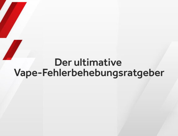 In der Mitte des Bildes stehen die Worte Der ultimative Vape-Fehlerbehebungsratgeber in schwarzen Buchstaben und zwei Reihen. Im linken oberen Bereich sind schräge rote Balken mit Schattierungen. Rechts am Rand sind zwei kleine Balken. Hintergrund ist hellgrau.
