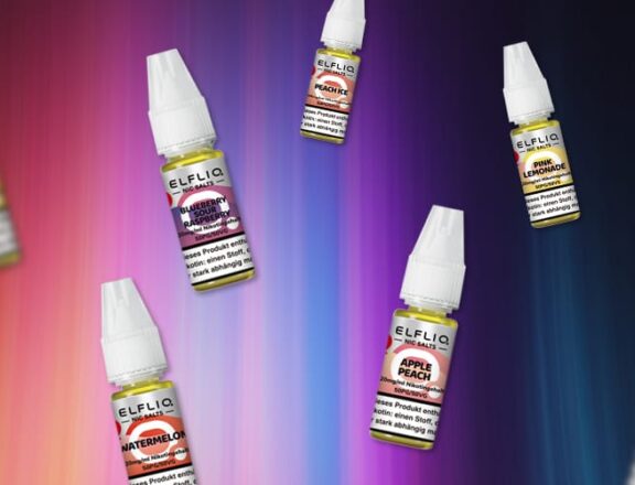 Flaschen von Elfliq E-Liquid schweben nach oben. Der Hintergrund ist von bunten Lichtern geflutet.