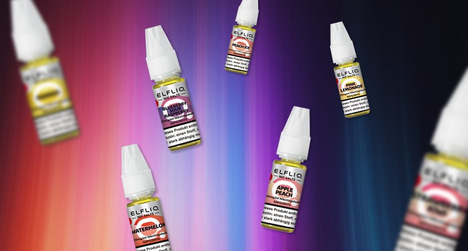 Flaschen von Elfliq E-Liquid schweben nach oben. Der Hintergrund ist von bunten Lichtern geflutet.