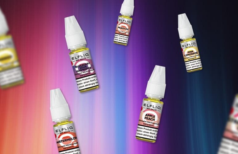 Flaschen von Elfliq E-Liquid schweben nach oben. Der Hintergrund ist von bunten Lichtern geflutet.