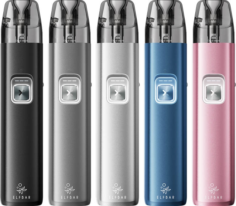 Fünf ELFX 2 Vapes stehen in verschiedenen Farben nebeneinander.
